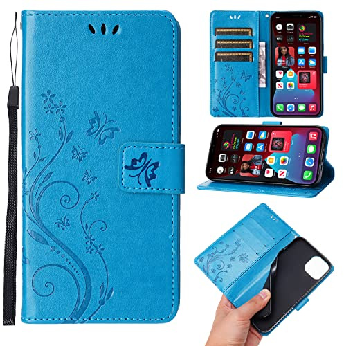 ScandiCasis Leather Case for iPhone 13, Elegant Flip Phone Case with [3*Card Slots] [Wallet] [[Kickstand] [Wrist Strap], Magnetic Closure Shockproof Cover, Blue