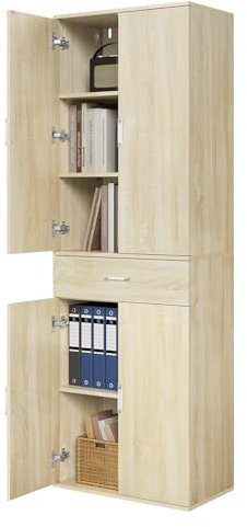 eSituro Meuble Rangement Bureau, Armoire de Rangement, Placard Rangement, 3 Étagères Réglables, 1 Tiroir, en Bois d'Ingénierie, 60x34x180cm, Chêne Clair