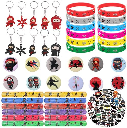 WINMIND 108 Stück Ninja Mitgebsel Party Kindergeburtstag - Schlüsselanhänger, Silikon-Armbänder, Abzeichen, Slap Armbänder, Aufkleber, für Kinder Ninja-Fan Geburtstag Party-Dekorationen