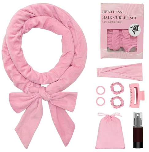 9-teiliges Lockenset ohne Hitze, Velours-Lockenwickler ohne Hitze, Haarband und Clips für Damen, Styling-Tools für die Nachtruhe für langes/mittellanges Haar (pink)
