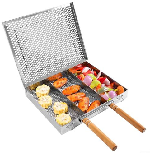 Panier de barbecue en acier inoxydable avec poignée en bois pour griller du poulet, du poisson, des légumes pour 2 à 3 personnes (double poignée)