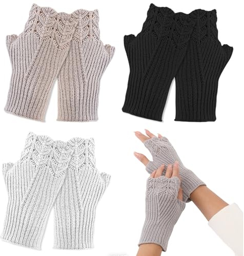 Solivive Mitaines Femme, 3 paires de gants d'hiver sans doigts pour femmes,Gants demi-doigts doux et chauds pour Femme Fille