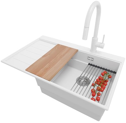 PRIMAGRAN Lavandino da Cucina al Mobile 50cm + Rubinetto, 78x50cm | Set: Rubinetto BW9010 + Kit di scarico + Lavello in Granito a 1 Vasca - Sydney Ergo, Bianco