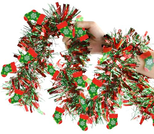 Weihnachtsbaum Lametta Girlande Rot & Grün Strumpf Tannengirlande 2M Künstliche Weihnachtsgirlande Baumschmuck Weihnachtsdeko für Kamin Treppe Türen Fenster Weihnachtsfeier Innen-/ Außenbereich