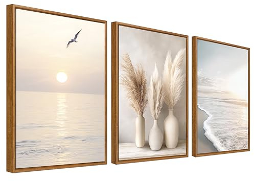 3Pcs Stampa su Tela Con Cornice Spiaggia Costiera Onda Marina Quadri su Tela Poster da Parete Boho Erba di Pampa Oceano Tramonto Quadri Moderni Soggiorno Camera da Letto Stampe da Parete 30x40cm x3pcs