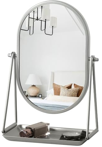 Gosider Kleiner Schminkspiegel Ovaler Schminkspiegel mit Metallständer Frisiertischspiegel 360 Grad drehbar Tragbarer silberner Kosmetikspiegel für Reisen, Schlafzimmer, Büro, Kommode