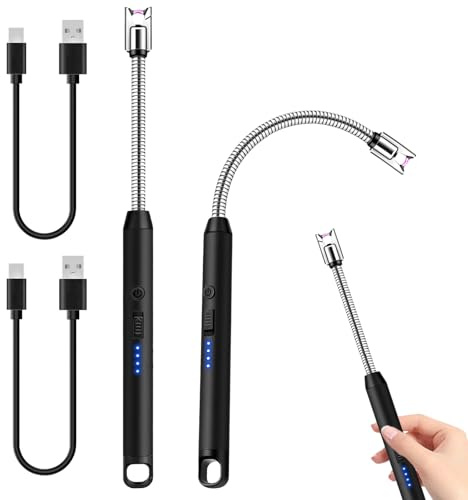 2 x Stabfeuerzeug,Lichtbogen Feuerzeug Elektrisch mit USB-C,Stabfeuerzeug USB Aufladbar,360° Flexibler Hals,Winddicht Feuerzeug Lang für Küche Kerzen Camping Grill