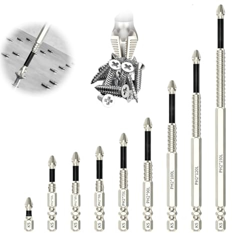 9 Pezzi Punte Phillips Antiscivolo di Precisione, Set di Punte per Cacciavite Magnetico, Punte da Trapano K5 in Acciaio al Carbonio Cromato Antishock