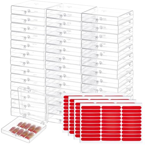 UNICRAFTALE 40Pcs Press On Nail Packaging Storage Box Square Plastic Storage Boxes with 4 Sheets Double Sided Adhesive Glue Sticky Tape 7.75x6.9x1.75cm for Nails Business Supplies