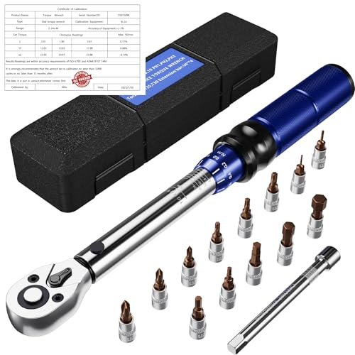 Koolcover 15 PCS Torque Wrench Set 2-24 Nm, 1/4 Bike Torque Wrench with Lock and 72 Teeth,±3% Accuracy, Torque Wrench Kit with Extension Bars & Socket Bits for Bike, Motorcycle,Truck Repair