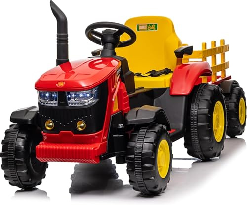 12V Ride on Tractor and Trailer, Battery Powered Electric Kids Toy Car with Remote Control, LED Lights, USB & Bluetooth Music, 6 Wheels Ride on Toys for Children Boys Girls Gift Ages 3+
