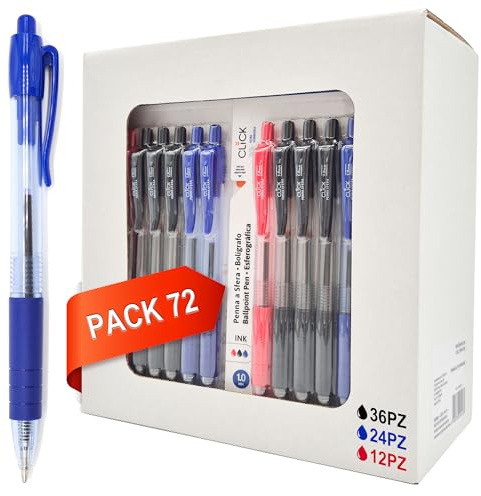 GOKOI Pack 72 Mixto Bolígrafos Retráctiles y Recargables, Punta Media 1,0 mm, Escritura Suave y Fluida, Blíster Práctico para Oficina, Escuela y Hogar, 36 Negro, 24 Azul y 12 Rojo