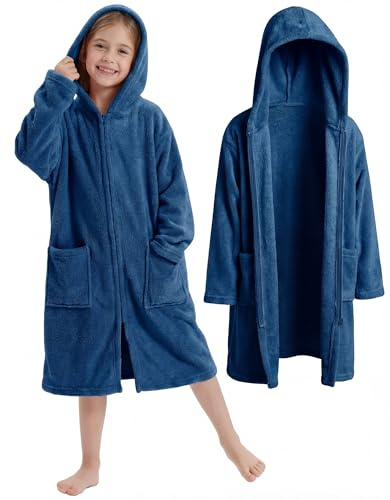 Cutecrop Kids Bath Hooded Towel Robe Soft Absorbent Swim Poncho Parka with Pocket Coral Fleece Zipper Towel Hoodie Beach Surf Change Robe Wearable Blanket for Boy Girl Pool Home Outerwear(Navy Blue)