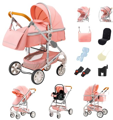 Passeggino Trio, combinazione 3 in 1 passeggino cittadino pieghevole di lusso Borsa mamma con cestino porta bebè (3 in 1 739 Rosa)
