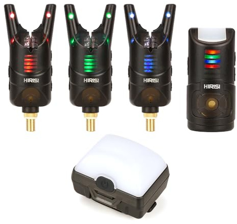 Hirisi Tackle Bissanzeiger Angeln mit Funk (Funkempfänger mit Taschenlampe), inkl. Zeltlampe (auch als Funkempfänger nutzbar), einstellbare Empfindlichkeit, Lautstärke, Ton, für Karpfenangeln.