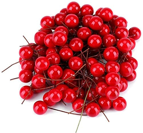 100 Bayas de Acebo Artificiales de Color Rojo Brillante, Decoración de Bayas de 10 Mm para Manualidades y Coronas Navideñas DIY