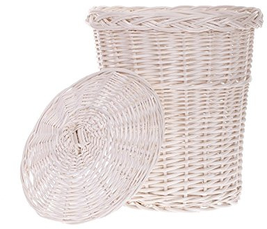 e-wicker24 Panier en osier, poubelle blanc,corbeille en osier avec couvercle, Poubelle a papier bureau chambre (blanc/cassé)