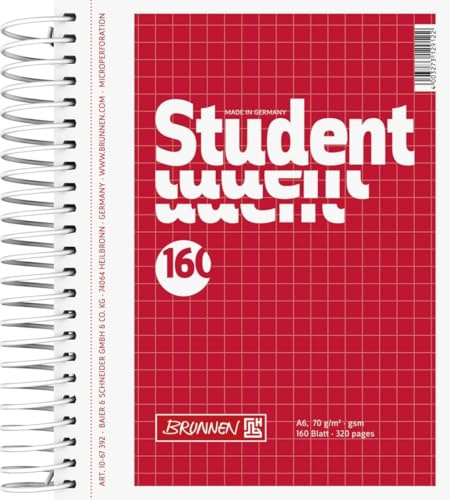 Brunnen 5 x Kollegblock Student A6 70g/qm kariert 160 Blatt rot