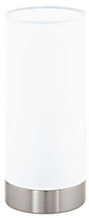Eglo Lampada da tavolo Damasco 1, lampada da tavolo uno punto luce, lampada da comodino in acciaio, nichel opaco, satinato, bianco, E27, interruttore incl