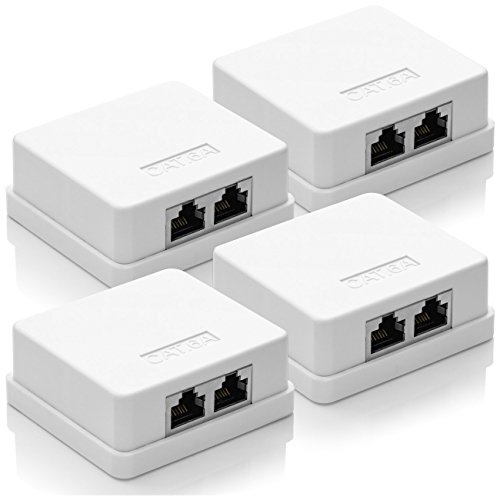 deleyCON CAT 6a Netzwerkdose 2x RJ45 Buchse FTP 10 Gbit, 4 Stück - Weiß | Geschirmt, Aufputz Montage, Ethernet Netzwerk LAN Dose, RAL 9003