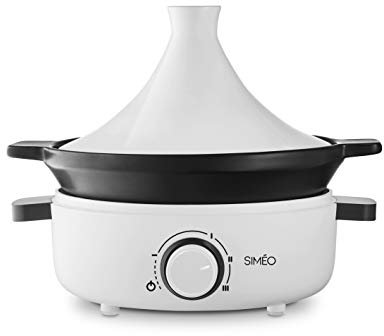 SIMÉO, Tajine Électrique pour 4 Personnes - Cuisson Homogène avec 3 Réglages de Chaleur - Couvercle en Céramique - Capacité 1,8L - Dimensions 30,5 x 25 x 26 cm - Blanc