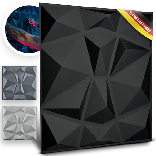 WANEELL - Kunststoff 3D Wandpaneele Diamond Design - 12Stück 50cm x 50cm Wandplatten (3qm) - Hochwertige PVC Paneele ideal für die Gaming Wand - Auch als Deckenpaneele (3d Wandpanele Tapeten Schwarz)