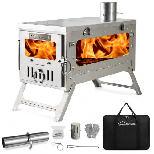 DANCHEL OUTDOOR TSG Tragbarer TA1 Titan-Heißzelt-Herd – kleiner, leichter faltbarer Holzofen mit aufrollbarem 2,2 m Kaminrohr, Rucksackreisen, Camping, Kochen, 16,5 l