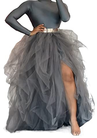 Women's Tulle Maxi Skirt Floor Length Layered High Waist Split Skirt A-Line Puffy Mesh Tutu Skirt for Wedding Party (Grey, One Size)