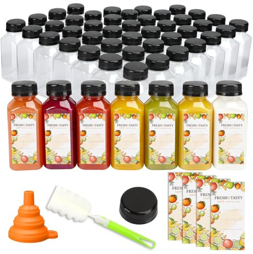 TOMNK 100pcs 8oz Plastic Juice Bottles with Caps, Sticker Labels, Brush