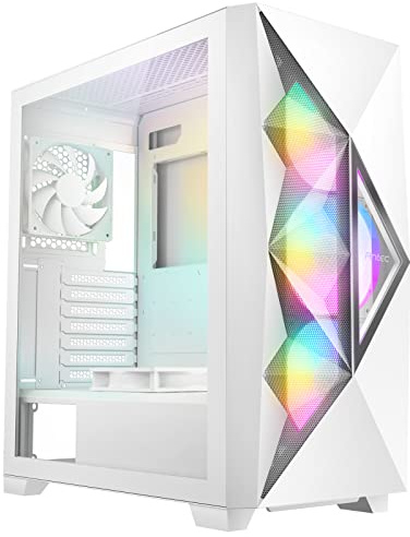 Antec DF800 Flux Boîtier de Jeu avec fenêtre en Verre, ATX, 5 Ventilateurs (3 ARGB Avant), Maille géométrique et Avant Miroir, Bouton de Commande LED, Blanc
