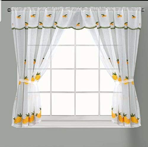 RCYF Embroidered Kitchen Window Pair Curtains Set Rod Pocket with Attached Valance & Tiebacks (Yellow White, W 99 x L 48 Inch)