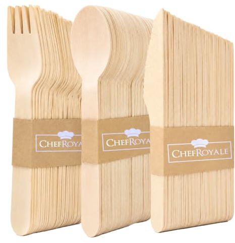 Chef Royale Pack of 150 Wooden Cutlery Set - Biodegradable Compostable & Eco Friendly Disposable Cutlery Set for Events and Home Use (50 Forks, 50 Knives, 50 Spoons)