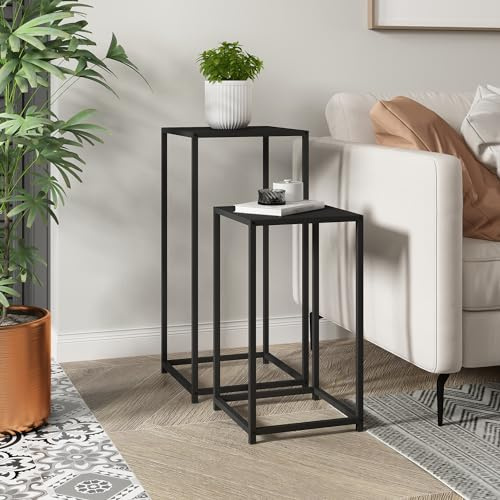 [en.casa] Satztisch Åseral 2er-Set Beistelltisch in Säulenform Nebentisch quadratischer Dekotisch Pflanztisch Metallgestell für Wohnzimmer im Industrie-Design Schwarz