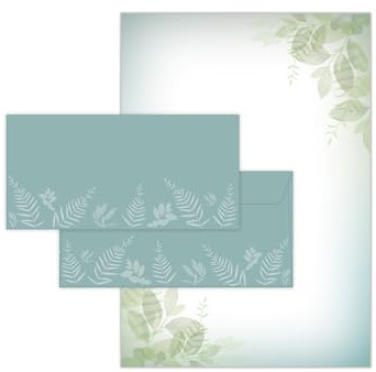 Briefpapier-Set 25 Motivpapier DIN A4 + 25 Kuverts DIN-lang haftklebend Motiv Pastellgrün Natur beidseitig beschriftbar und bedruckbar für Geburtstag Jubiläum Hochzeit Menükarte Dank Geschenk