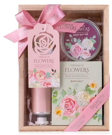 Accentra - Coffret de bain coffret cadeau femme I RÊVE DE FLEURS dans un joli coffret cadeau - Coffret de soins 3 pièces avec crème pour les mains, beurre corporel et sel de bain - Saint Valentin