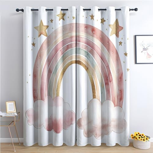 Vorhänge Regenbogen - Kinderzimmer Wolke Stern Fenster Gardinen mit Ösen, Vorhang Blickdicht Verdunklungsvorhänge Thermovorhang für Wohnzimmer Schlafzimmer Deko 2er Set, H 160 x B 132 cm G&-157