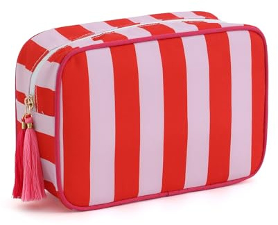 EMBRUNIOICE Travel Striped Makeup Bag, Red and Pink