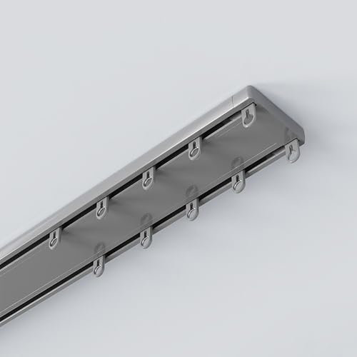 Geräuschlose Doppelvorhangschiene Gardinenstange aus Aluminium 2-läufige Vorhangschiene vorgebohrt, Komplettset mit Zubehör for Vorhänge Fenster Balkon Büros(Grigio,1.4m(4.6ft))