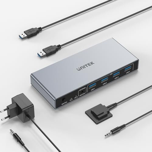 Unitek 8K@60Hz Displayport KVM Switch 1 Monitor 2 Computers, 2 in 1 Out USB 3.0, Power Adapter and 2 USB Cables,DP Port1.2/1.4 KVM Share Keyboard, Mouse Printer Monitor