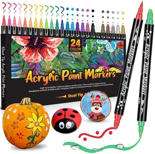 ANYUKE Acrylic Paint Pens, 24 Colours Dual Tip Markers Waterproof for Rock Painting, Glass, Wood Craft, Ceramics, Cards - Gifts for Kids