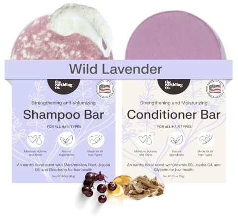 The Earthling Co. Volumizing Shampoo & Conditioner Bar Set For Thickening, Fullness, Strength, and Growth - Sulfate, SIlicone, Paraben Free for Thinning, Flat, Fine Hair - Made in USA (Wild Lavender)