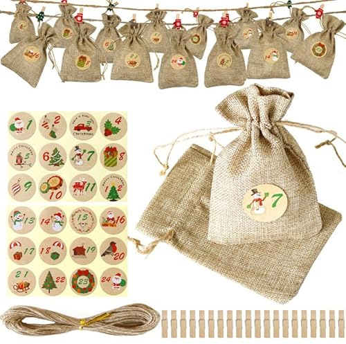 2025 jul adventskalenderväska, fyllbar adventskalender, dragskopåsar jute presentpåsar, 24 dagar filt klistermärke självhäftande nedräkningskalender för gör-det-själv juldekorationer godis presentpåse