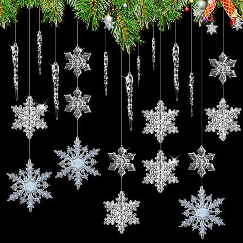 INNAL 42 Pcs Fiocchi di Neve in Cristallo Acrilico Trasparente, Decorativi per Albero di Natale, Ghiaccioli Trasparenti, Addobbi Natalizi