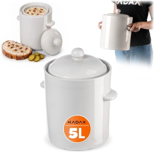 KADAX 5L Steinzeugtopf, Dichter Keramiktopf mit Deckel, Spülmaschinenfester Steinguttopf, handgefertigter Gärtopf aus Keramik, Einlegtopf für Gurken und Sauerkraut (Creme)