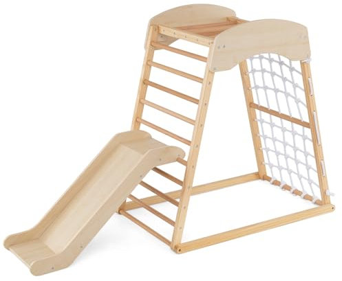 HOMASIS 6 in 1 Struttura di Arrampicata, Triangolo da Arrampicata con Scivolo, Barra per Trazioni e Rete per Arrampicata, Parco Educativo per bambini per Interni, 1+ Anno, 105 x 67 x 112 cm (Naturale)