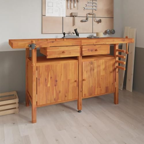 Furniture Select-Werkbank mit Schubladen und Schraubstock 162x62x83 cm Massivholz Akazie