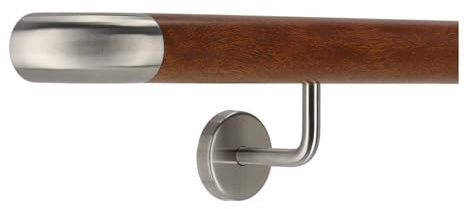 TIBU Pasamanos de aluminio caoba decoración de madera de 30 – 600 cm, pasamanos de pared para escaleras soporte de acero inoxidable en ángulo, longitud 190 cm con 2 soportes y arco para pared