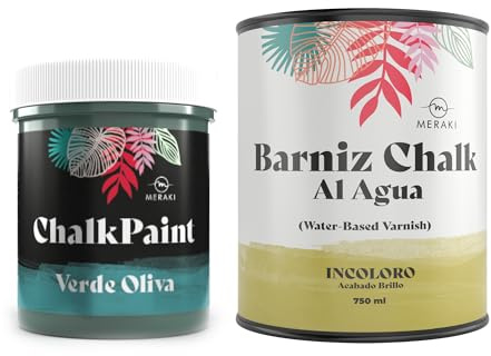 Meraki CHALK PAINT Pintura efecto tiza al agua mate (500ML) (V. OLIVA + BARNIZ BRILLO)