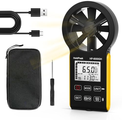 HOLDPEAK - anemetro digitale VMC, misuratore del vento, misura della velocità del vento/temperatura USB-C, display LCD, retroilluminazione, anemometro portatile da esterno, per kitesurfing