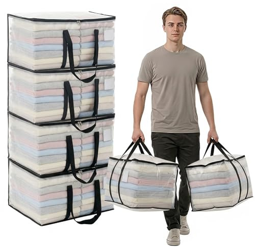 Clothes Bags Storage, 120L Clear Storage Bags with Zipper & Handle & Tag Pocket, Foldable Moving Bags for Wardrobe, Bedding, House Moving, Travelling (6 Pack, 60x50x40cm)